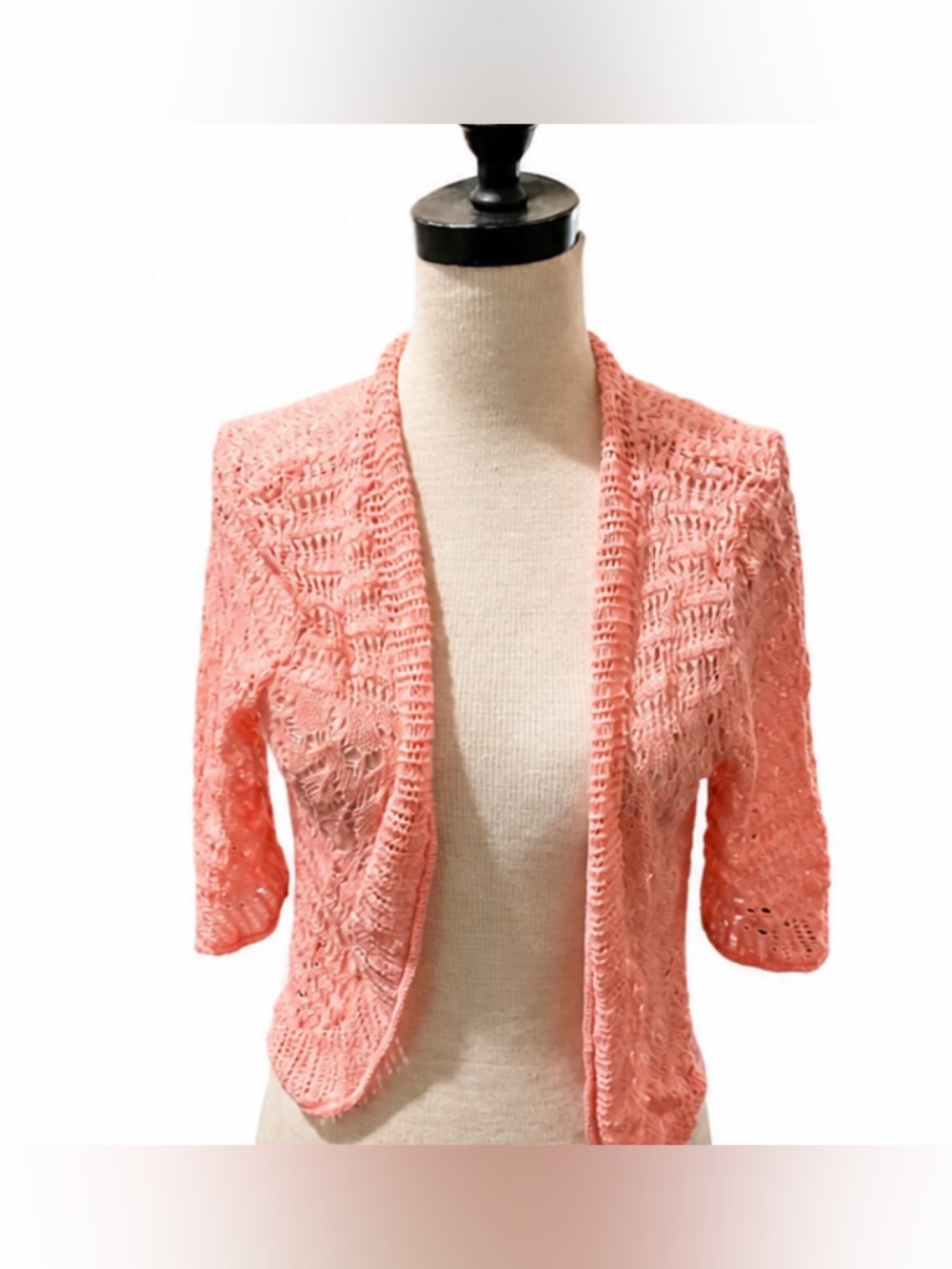Isabella Rodriguez Coral Crochet Cardigan Top Size L Boho Open Front Lace Knit